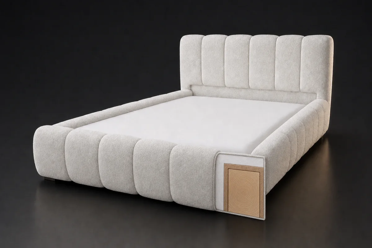 Cama Nube con un corte que muestra sus capas: tela, acolchado, base y estructura de madera